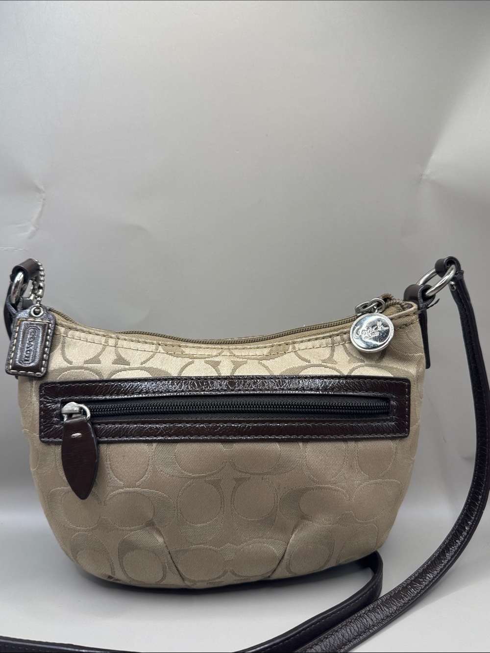 Coach Y2K Beige Signature Canvas Crossbody with Dark Brown Leather Accents
